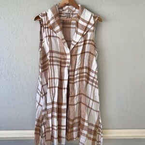 Flax Tan & White Plaid 100% Linen Tunic Vest, 1 Button, Pockets, Lagenlook, Sm